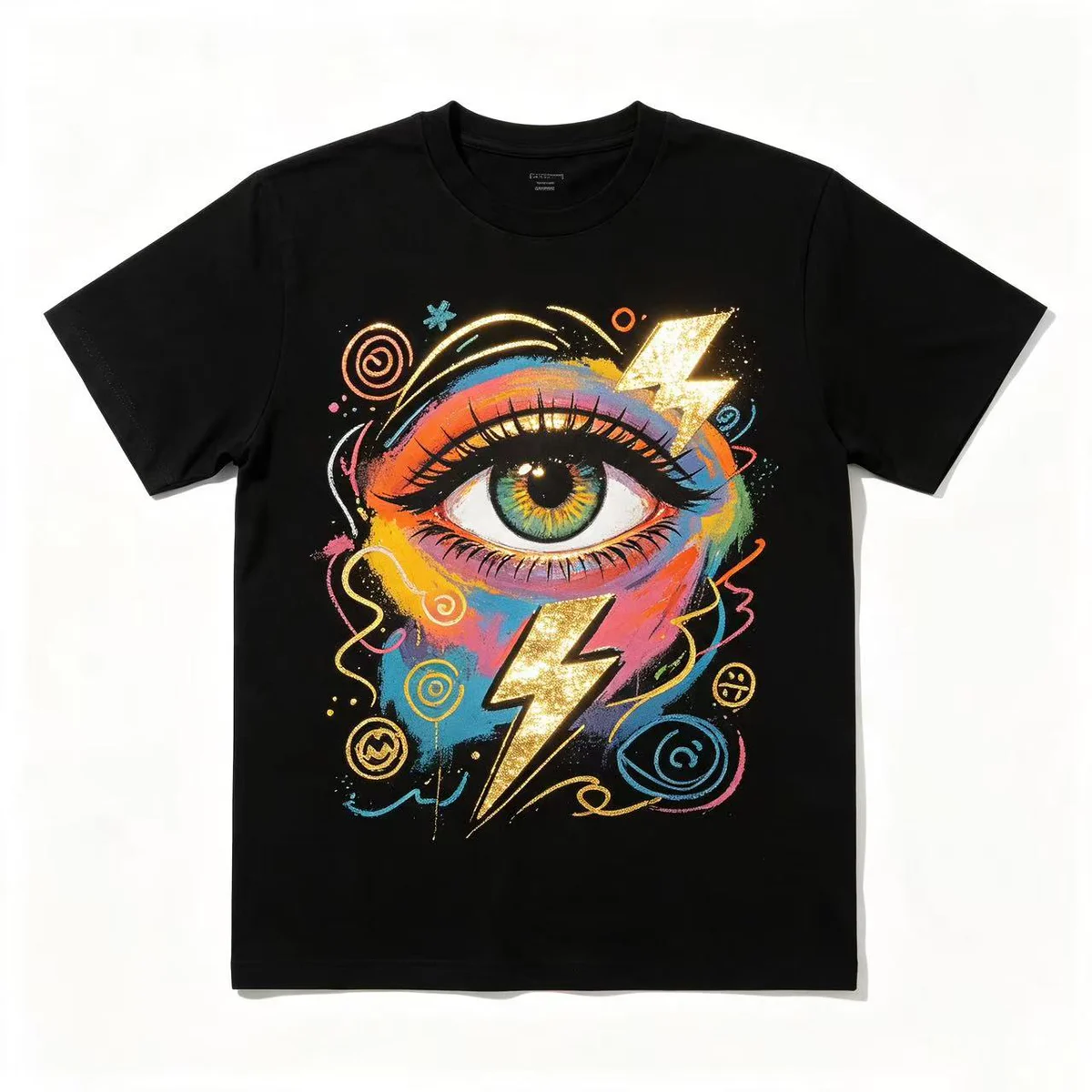 Black T-shirt concept with a colorful eye and gold lightning accents
